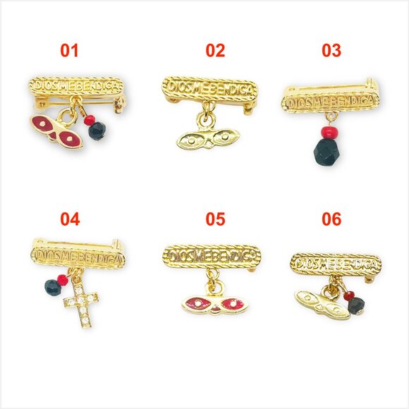 Azabache Brooch 14k Gold Plated Lucky Charm, Ojitos De Santa Lucia - Picture 2 of 9